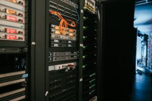 Rows of server racks representing the infrastructure behind Wikipedia and Wikidata.