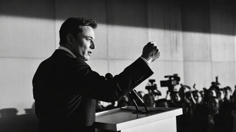 Elon Musk speaking at a podium
