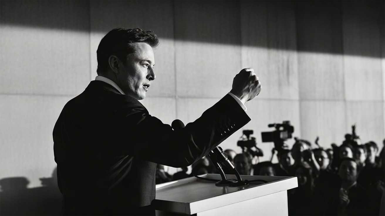 Elon Musk speaking at a podium