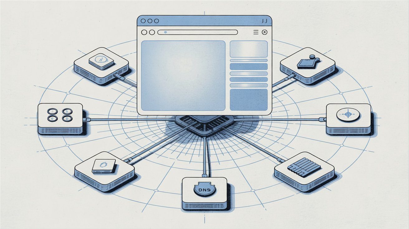 A generic website connected to separate hosting, security, DNS, advertising, and email services.