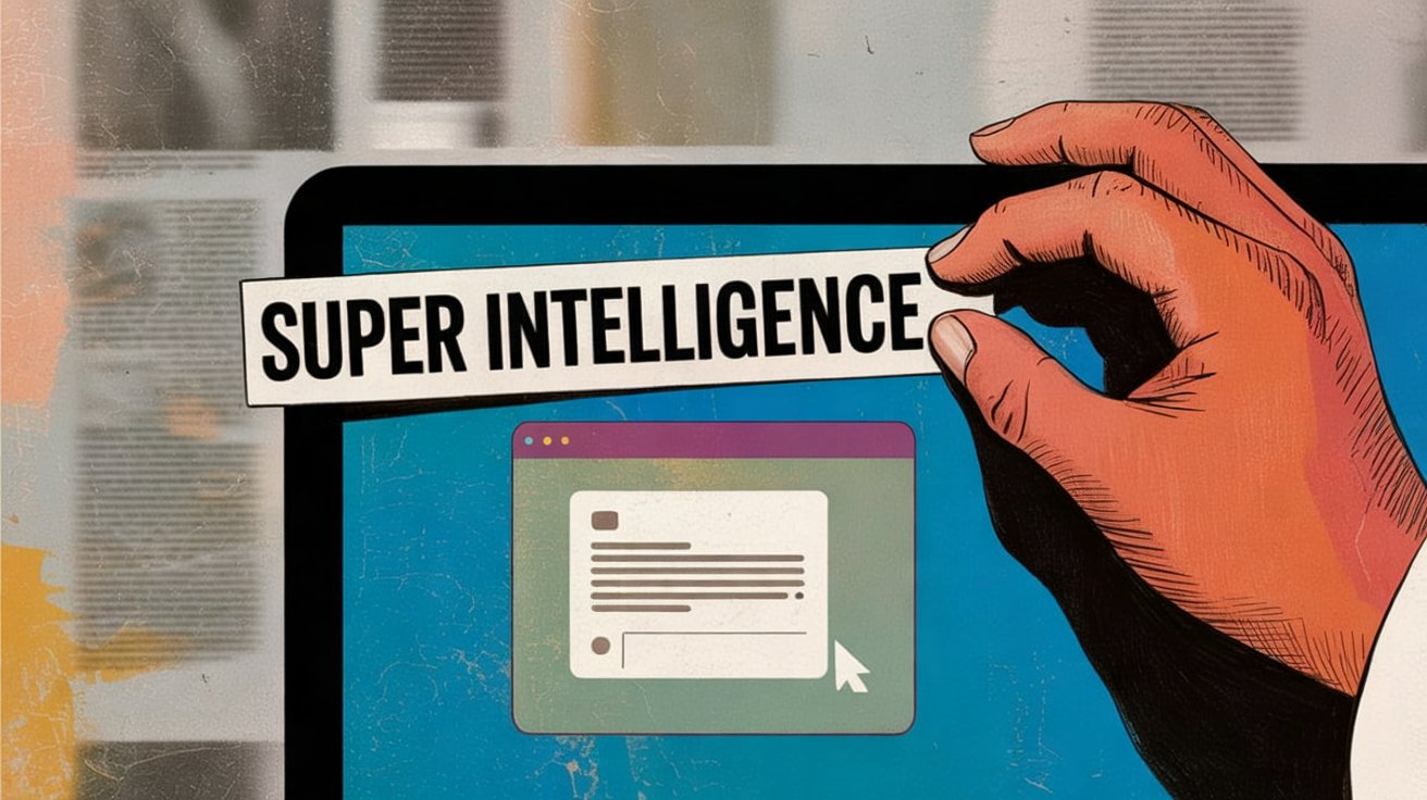 A label reading “SUPER INTELLIGENCE” is pasted over a chatbot window.