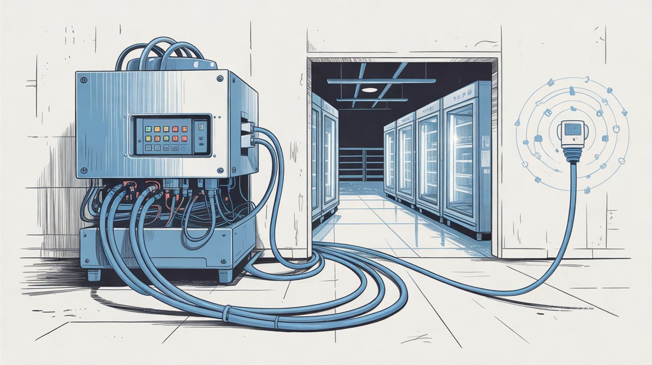 A back-room refrigeration controller connected to the internet and wired to supermarket fridge cabinets