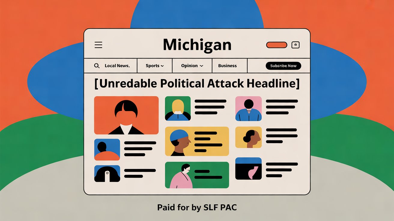 Mock local-news homepage with a tiny political funding disclaimer at the bottom.