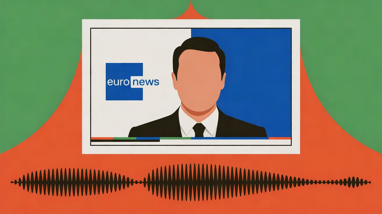 A forged news broadcast using Euronews branding with a waveform labelled cloned reporter voice