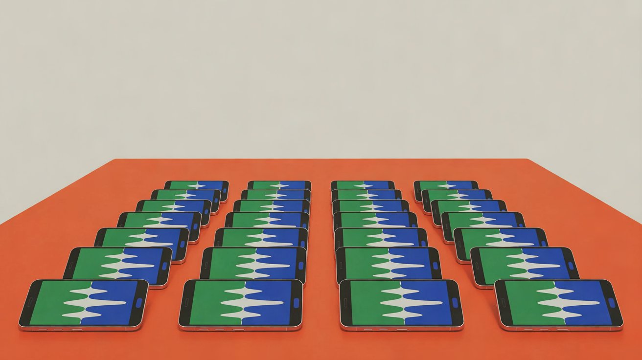 Rows of identical phones playing the same playlist in an empty room