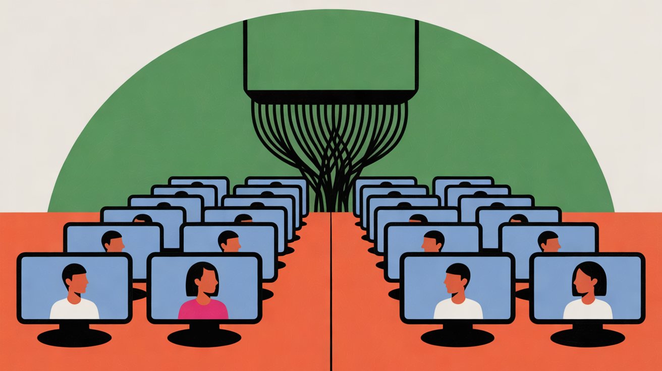 Rows of similar social-media profile avatars connect by cables to one central server rack, suggesting coordinated replies powered by shared infrastructure.