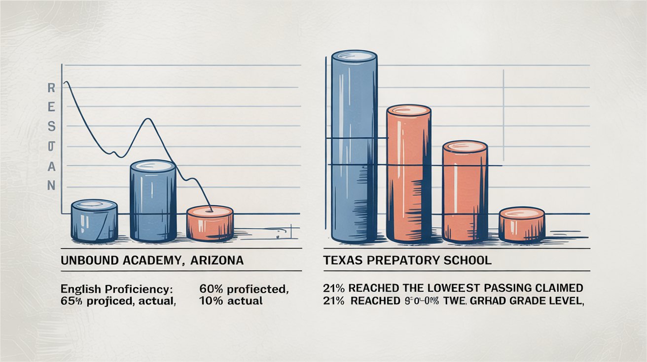 A comparison of Alpha-affiliated schools’ projected and reported test results: Unbound Academy’s projected and actual proficiency rates, alongside Texas Preparatory School’s reported passing claim and state results.