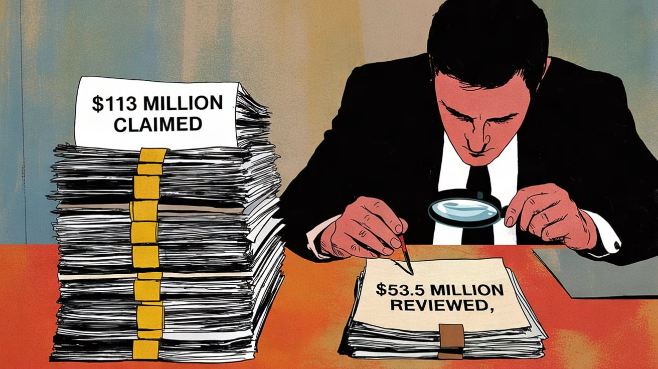 Illustration comparing DOGE&rsquo;s $113 million lease-savings claim with $53.5 million in reviewed leases